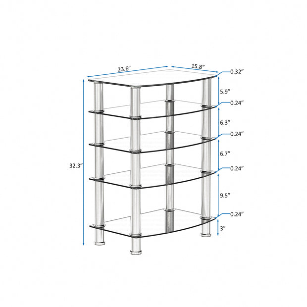 5-Tier Tempered Glass Side Table Stainless Steel Frame End Table for Living Room, Bedroom, Black