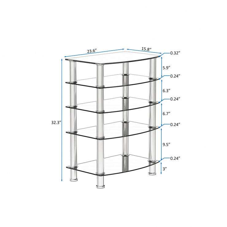 5-Tier Tempered Glass Side Table Stainless Steel Frame End Table for Living Room, Bedroom, Black