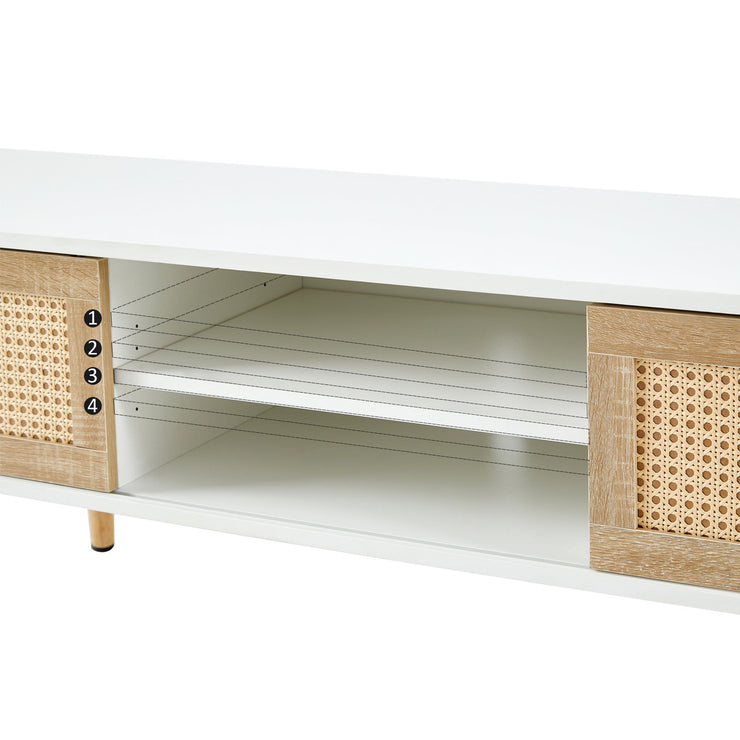 55.12 Rattan TV cabinet, double sliding doors for storage, adjustable shelf, solid wood legs, TV console for living room , White