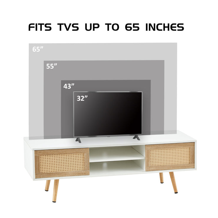 55.12 Rattan TV cabinet, double sliding doors for storage, adjustable shelf, solid wood legs, TV console for living room , White