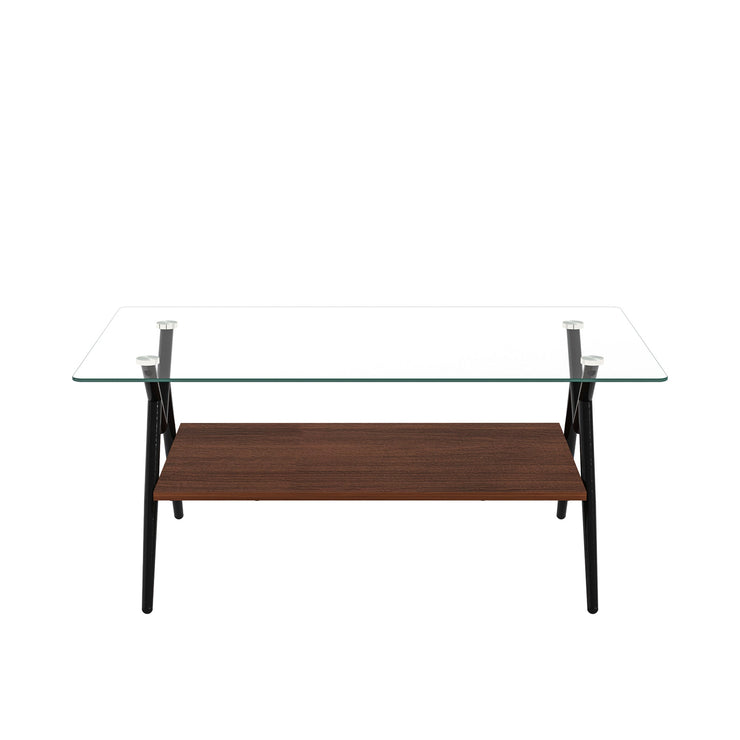 Rectangle Coffee Table with Tempered Glass top and Black Metal Legs, Modern Table for Living Room , Transparent Glass