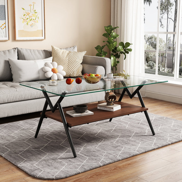 Rectangle Coffee Table with Tempered Glass top and Black Metal Legs, Modern Table for Living Room , Transparent Glass