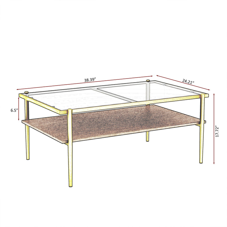 Rectangle Coffee Table with Gray Tempered Glass top and Golden Legs, Modern Table for Living Room