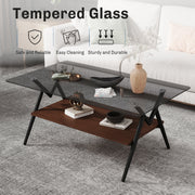 Rectangle Coffee Table with Tempered Glass top and Brown MDF Shelf, Modern Table for Living Room, Gray Glass