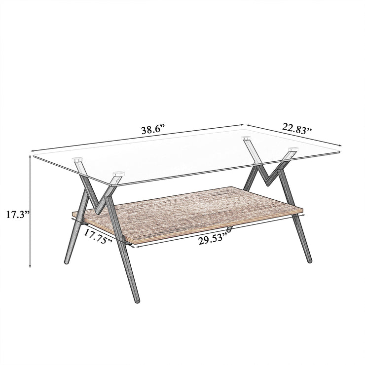 Rectangle Coffee Table with Tempered Glass top and Brown MDF Shelf, Modern Table for Living Room, Gray Glass