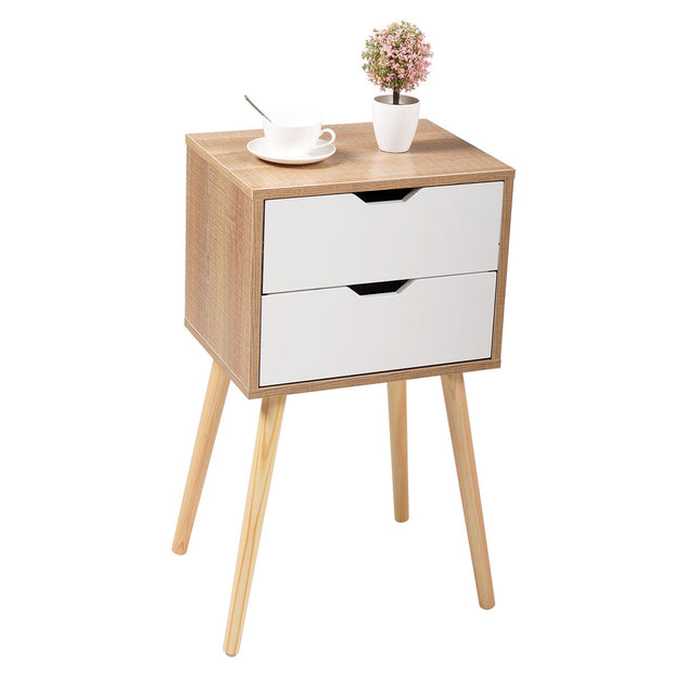 Set of 2 Wooden Modern Nightstand with 2 Drawers and 4 Solid Splayed Legs, Living Room Bedroom Furniture- White