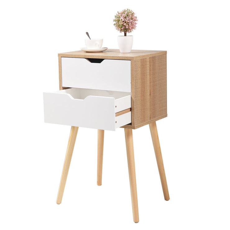 Set of 2 Wooden Modern Nightstand with 2 Drawers and 4 Solid Splayed Legs, Living Room Bedroom Furniture- White