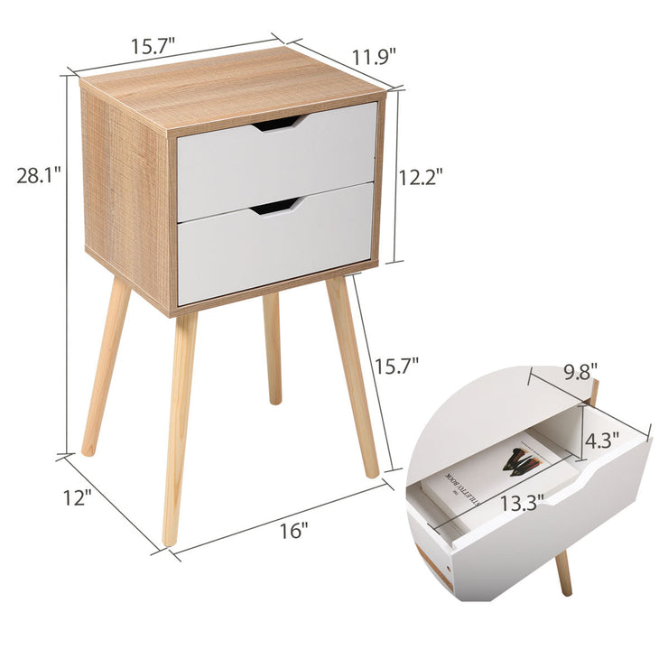 Set of 2 Wooden Modern Nightstand with 2 Drawers and 4 Solid Splayed Legs, Living Room Bedroom Furniture- White