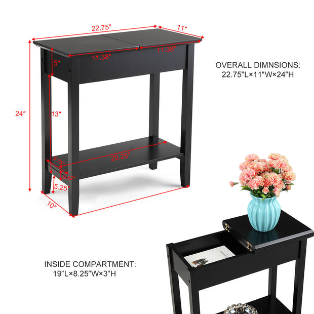 American Heritage Flip Top End Table Narrow Side Table with Storage Shelf - black